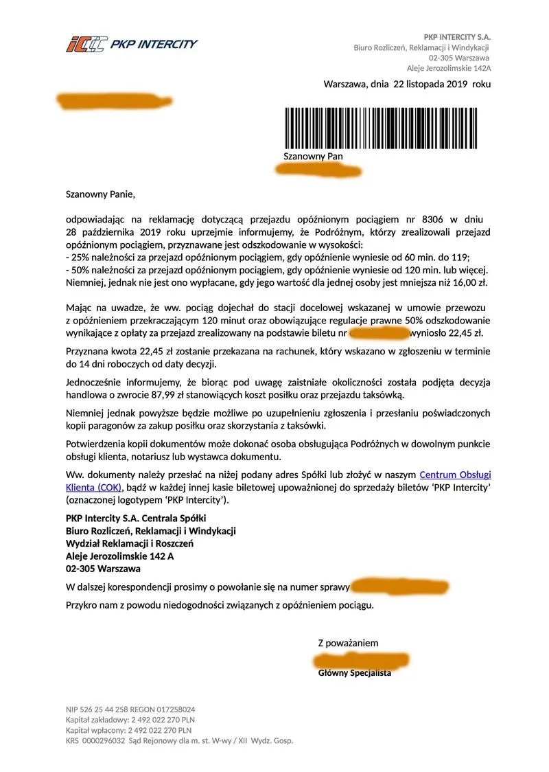 Reklamacja biletu PKP